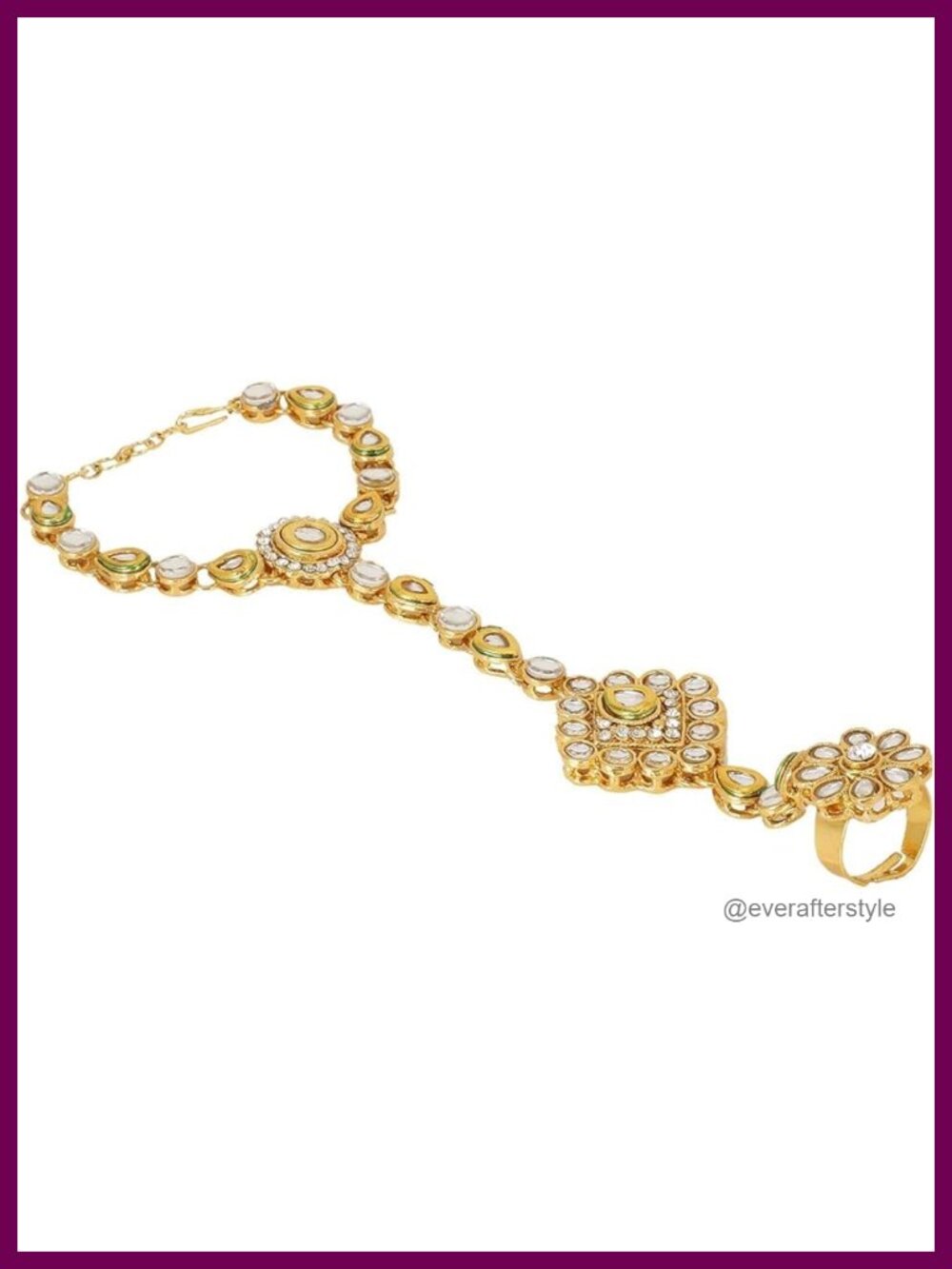 Faux Kundan Finger Ring Link Chain Bracelet Bridal Ethnic Jewelry